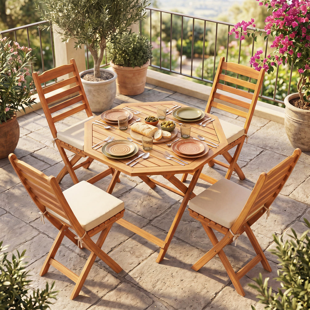 37.5" wide octagonal tabletop enables 4 people to dine comfortably<br>User-friendly folding design is space-saving and easy to carry for convenience<br>Slatted tabletop allows water to drain quickly  preventing accumulation<br>Reinforced crossbar increase