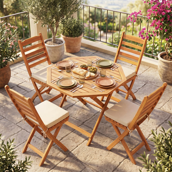 37.5" wide octagonal tabletop enables 4 people to dine comfortably<br>User-friendly folding design is space-saving and easy to carry for convenience<br>Slatted tabletop allows water to drain quickly  preventing accumulation<br>Reinforced crossbar increase