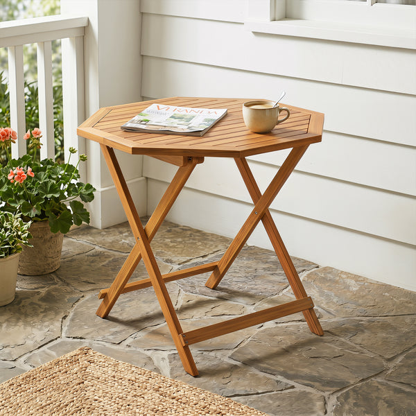 37.5" wide octagonal tabletop enables 4 people to dine comfortably<br>User-friendly folding design is space-saving and easy to carry for convenience<br>Slatted tabletop allows water to drain quickly  preventing accumulation<br>Reinforced crossbar increase