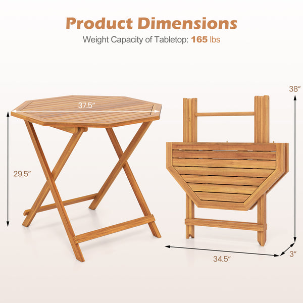 37.5" wide octagonal tabletop enables 4 people to dine comfortably<br>User-friendly folding design is space-saving and easy to carry for convenience<br>Slatted tabletop allows water to drain quickly  preventing accumulation<br>Reinforced crossbar increase