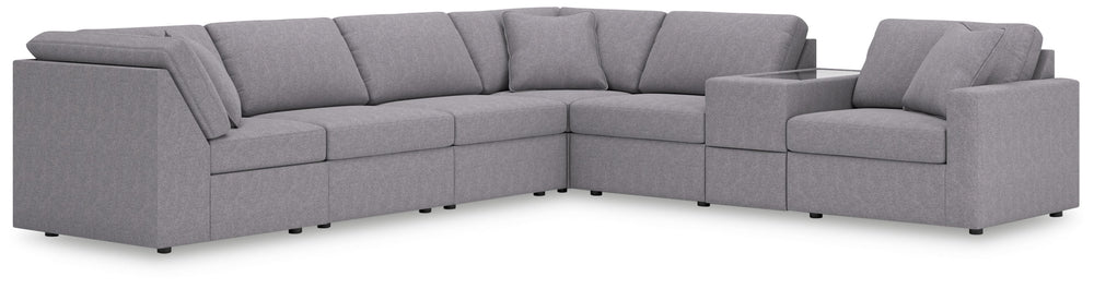 Looking cool and contemporary is great. But when it comes down to it, youâ€™re all about low-maintenance lounging. With the performance fabric on this sectional with console, cleaning spills is a breeze. Its customizable modular design caters to your ever