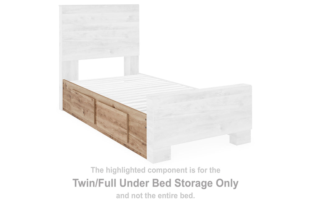 This twin/full under bed storage is made with engineered wood (MDF/particleboard/plywood) and decorative laminate. Pairs with other items in the series to make a bed kit.<br><br><b>Additional Dimensions</b><br><ul><li>Drawer interior (2): 0-"</li></ul><br