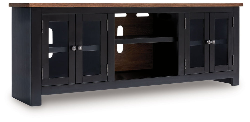 Raise the bar on modern farmhouse style with the Wildenauer TV stand. Its sturdy silhouette and casual good looks are accentuated with a two-tone finish, which pairs a warm satin black base with a contrasting butcher block veneer top. Glass door cabinets 