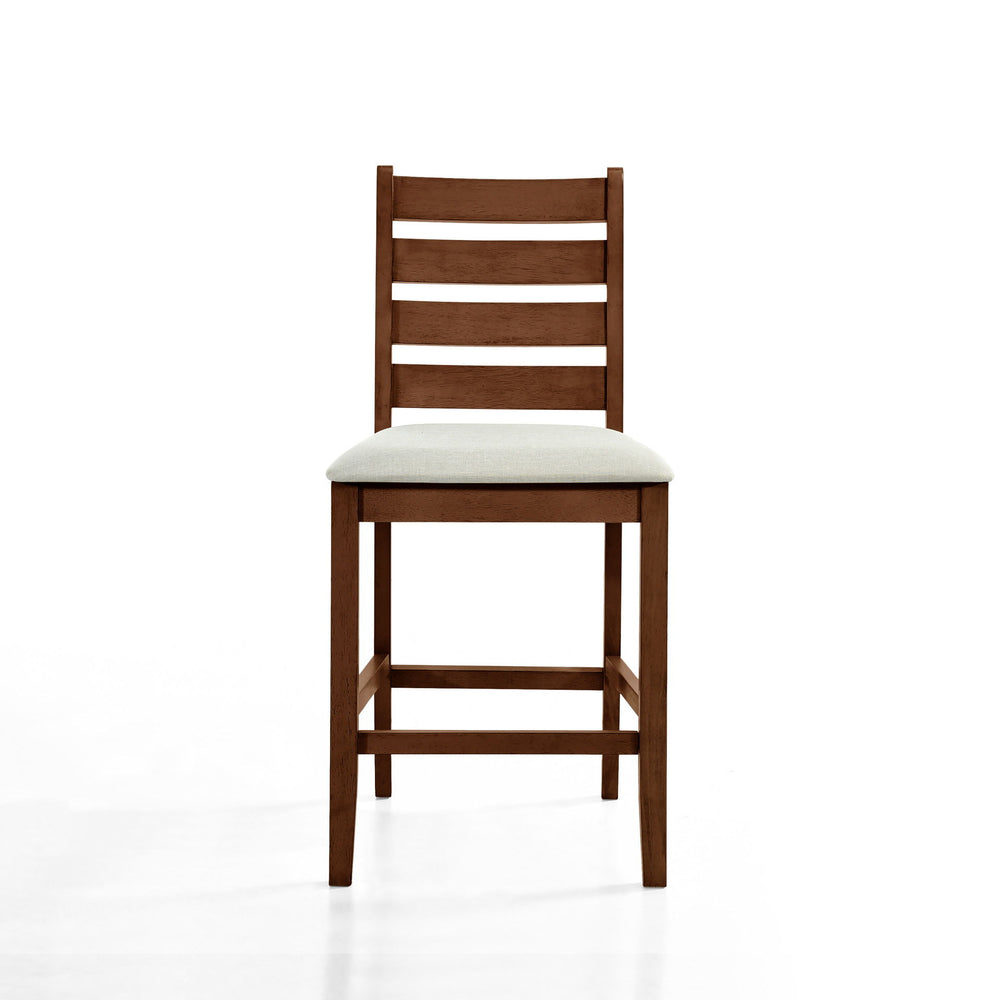 Introducing the Pascal Ladderback Counter Chairs in warm Walnut Brown, a perfect blend of durability and style. Sold in sets of two, these counter-height chairs are crafted from solid Rubberwood and feature four base stretchers for enhanced stability, ens