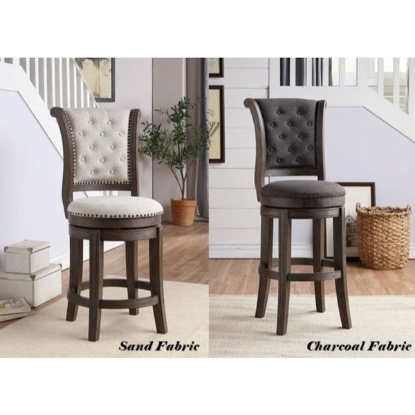 Armless Chair (High Back) Swivel Seat (360 Degrees): Counter Height Padded SEAT & BACK: Fabric w/Nail-head Trim (Multi-Tone Pattern) Features: Button Tufted