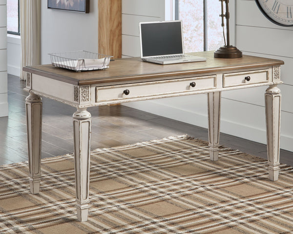 this desk is your heavenly home office realized. Its antiqued two-tone aesthetic blends a chipped white with a distressed wood tone top for added charm. Framed drawer fronts