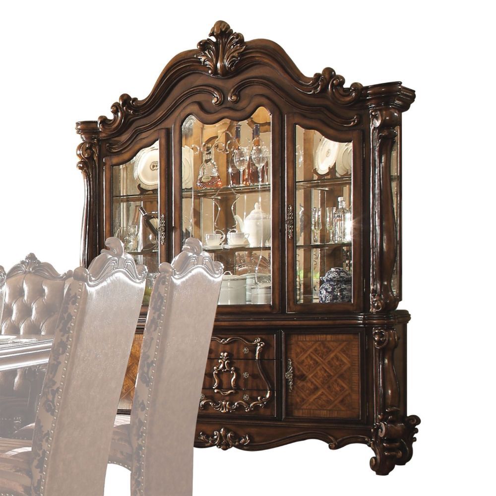 Hutch & Buffet Arched Hutch: Touch Light & 2 Glass Doors (2 Glass Shelves & Back Mirror Inside) Buffet 3 Drw & 2 Wooden Doors Oversized Scrolled Trim, Leaf Crown Motif, and Post-Leg (Poly Resin with Antique Contrast Finish) Drawer: GLIDE Side Metal (Ball 