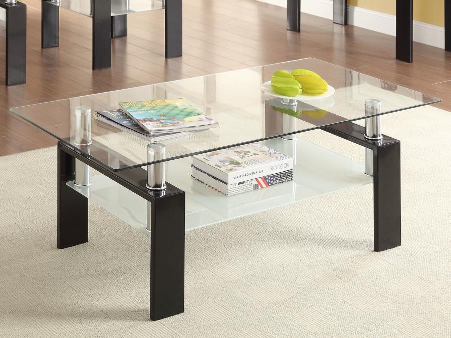 Enhance your living room with this sleek rectangular cocktail table, designed for style and functionality. It features a clear tempered glass top, complemented by a frosted tempered glass lower shelf for added storage or display. Supported by a sturdy met