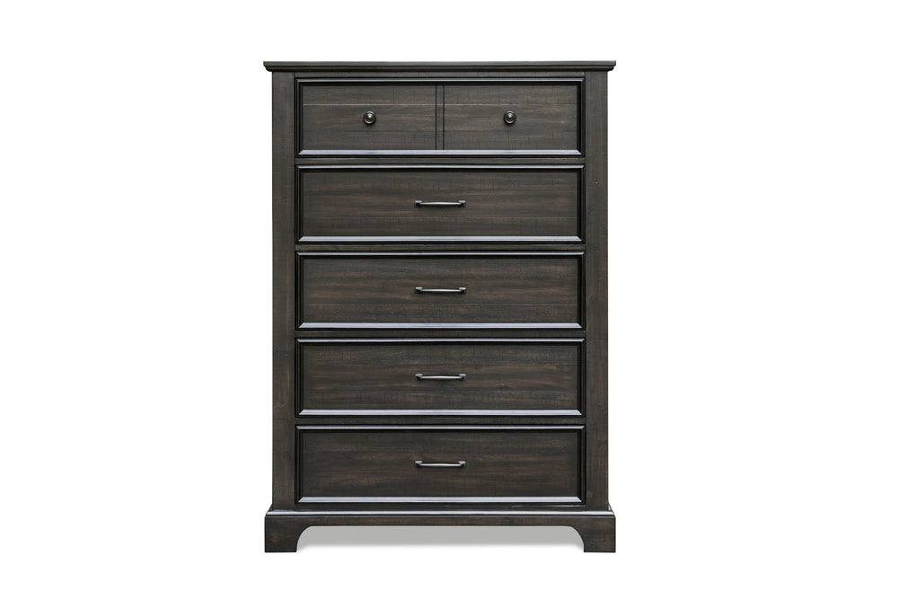 The Stafford County Wood 5 Drawer Chest in walnut brown combines quality craftsmanship with contemporary design. Crafted from solid acacia, manufactured woods, and acacia veneers, this tall chest is built to last and brings lasting beauty to your bedroom.