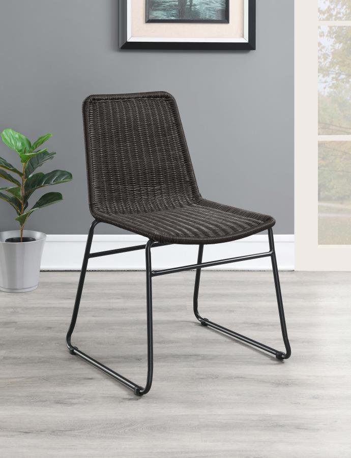 Place this transitional dining chair in a space for a hint of texture. Designed with a brown handwoven faux rattan across the seat, this charming chair offers a natural, boho-inspired vibe. Mounted on a black metal frame that offers all the support one ne