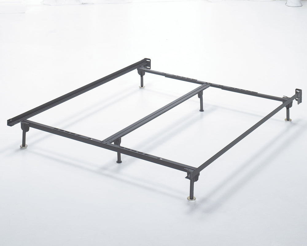 This sturdy metal bed frame supports queen/king/California king mattresses and box springs. Bolts connect the frame to most queen/king/California king headboards.<br/><br/><b>Product Features</b><ul><li>Made of metal</li><li>Assembly required</li><li>Prot
