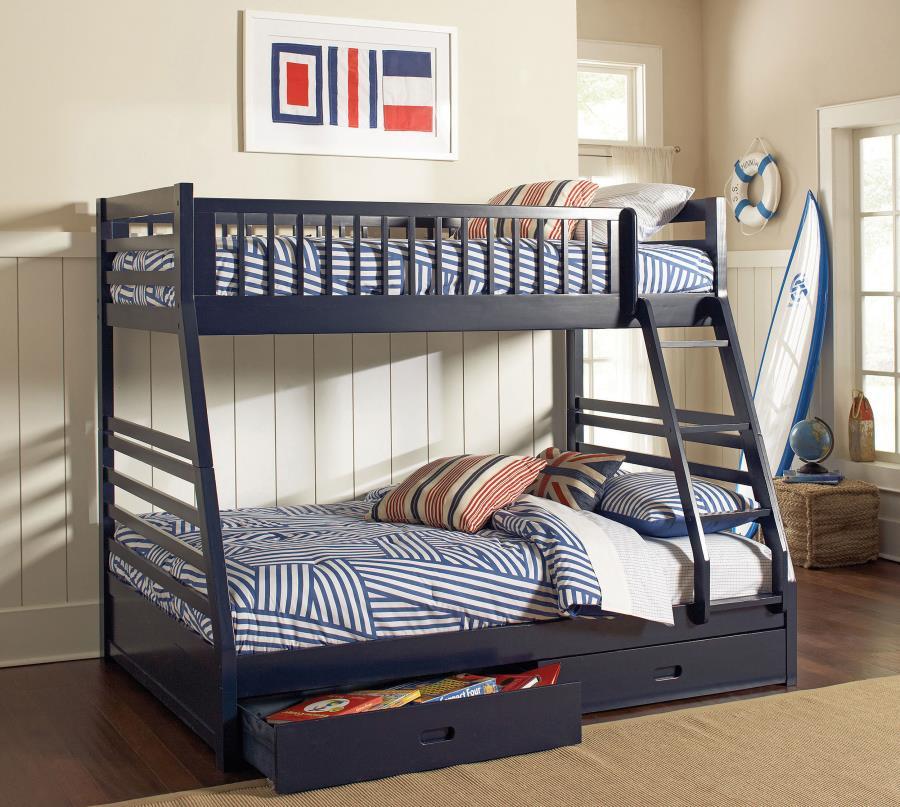 Perfect for a transitional space, this twin over full bunk bed is casual in style. Create a stunning visual with the supportive A-shaped frame, complete with decorative horizontal lines. Constructed of solid pine, the sturdy base is laid-back and versatil