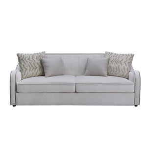 contemporary look with the gently curved Mahler living room set. The inner wooden frame and block plastic legs offer maximum support. Upholstered in a beige textured linen fabric and outlined with nailhead trim. The barrel seat and sloping
