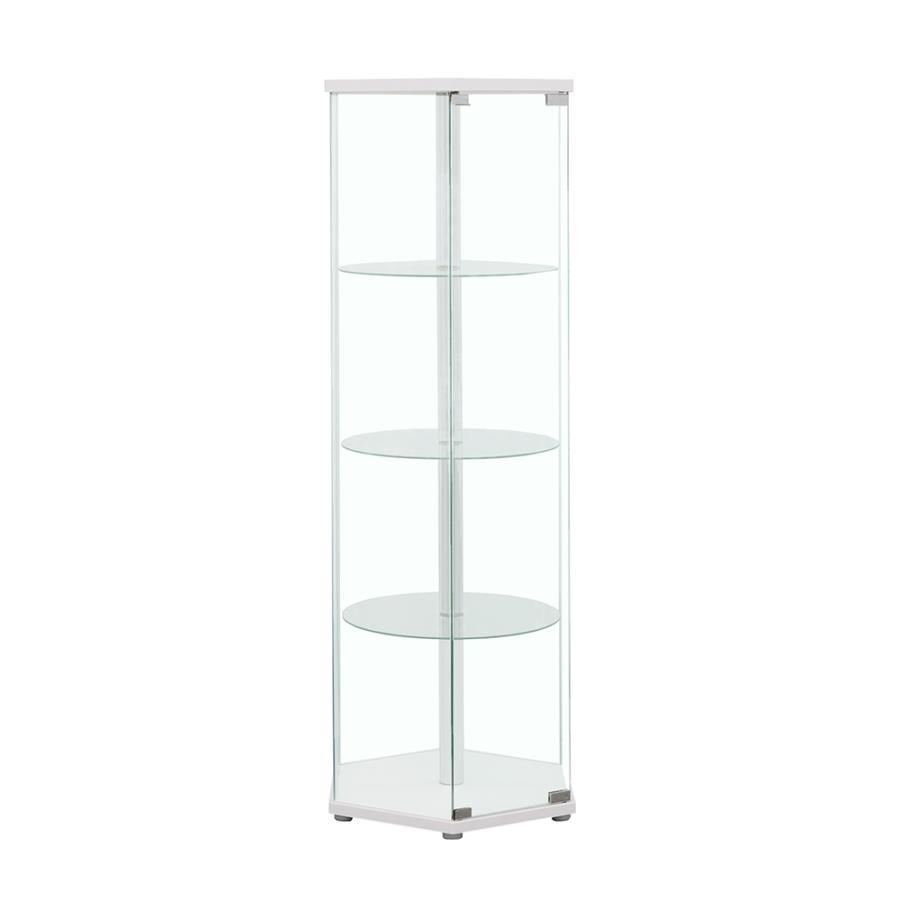 A fetching silhouette blends modern architecture with a fashionable finish. This curio cabinet illustrates the benefit of geometric design. A hexagonal shape offers an enticing look in a contemporary space. Finished in radiant white, it delivers fresh ene