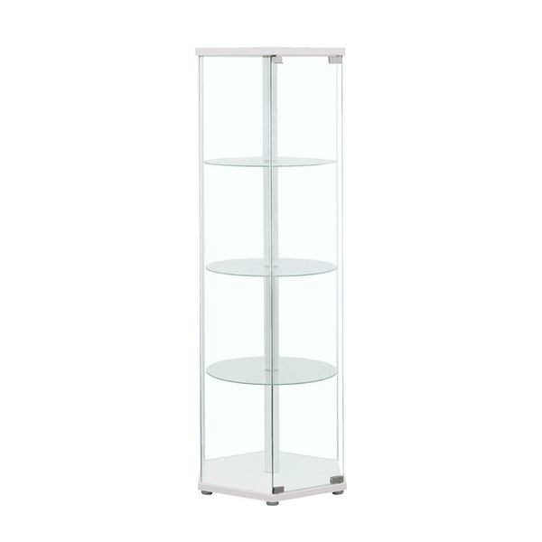 A fetching silhouette blends modern architecture with a fashionable finish. This curio cabinet illustrates the benefit of geometric design. A hexagonal shape offers an enticing look in a contemporary space. Finished in radiant white, it delivers fresh ene