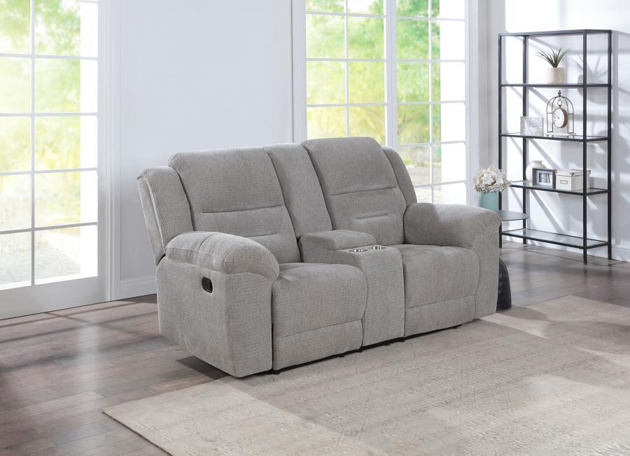 Enhance your living space with the ultimate comfort of our manual reclining loveseat, designed for a relaxed and laid-back approach to seating. This loveseat features soft textured grey chenille fabric, providing a plush and inviting feel. The manual recl