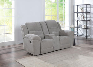  designed for a relaxed and laid-back approach to seating. This loveseat features soft textured grey chenille fabric
