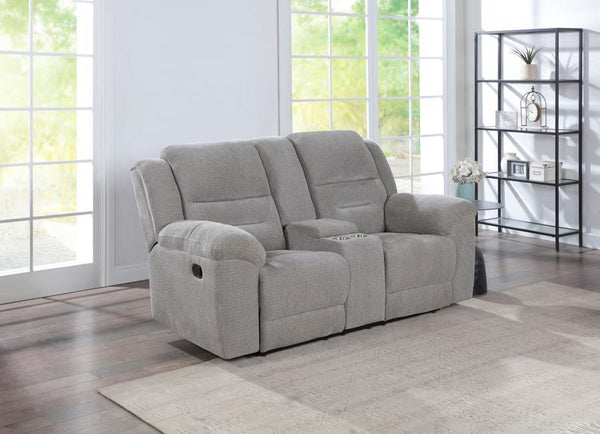  designed for a relaxed and laid-back approach to seating. This loveseat features soft textured grey chenille fabric