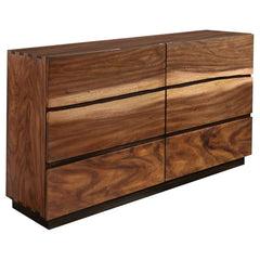Add a striking, creative touch to a master bedroom. With eye-catching wood patterns and natural accents, this dresser really stands out. Its smokey walnut and coffee bean finish are enhanced by artsy, faded wood accents. Six spacious drawers allow ample s
