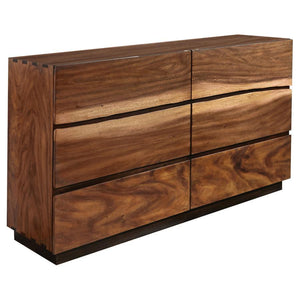 Add a striking, creative touch to a master bedroom. With eye-catching wood patterns and natural accents, this dresser really stands out. Its smokey walnut and coffee bean finish are enhanced by artsy, faded wood accents. Six spacious drawers allow ample s