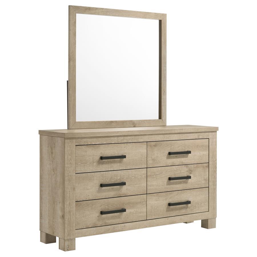 This dresser and mirror set combines rustic charm and modern functionality to elevate your bedroom. The six-drawer dresser features a weathered oak finish and dark bronze handles for a bold, contemporary touch. Crafted from engineered wood with a scratch-
