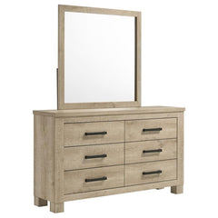 This dresser and mirror set combines rustic charm and modern functionality to elevate your bedroom. The six-drawer dresser features a weathered oak finish and dark bronze handles for a bold, contemporary touch. Crafted from engineered wood with a scratch-
