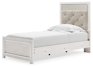  a pearlized finish and button-tufted upholstery bring a glam touch to the richly rustic appearance. Remote-controlled LED lig
