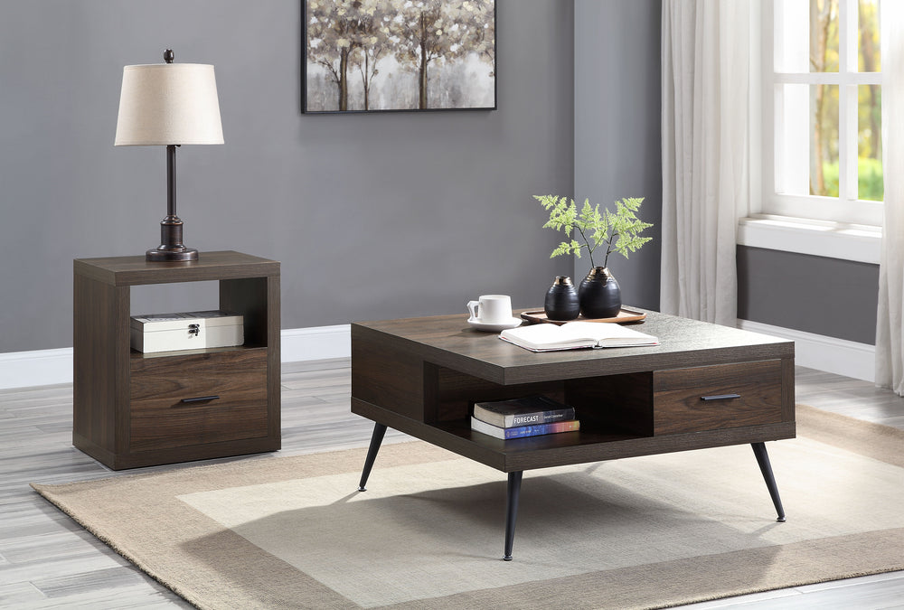 KD Square Coffee Table Leg: 40mm Dia Table Top Thickness: 40mm<br/><br/><b>Product Features</b><ul><li>KD Square Coffee Table</li><li>Wooden Top & Metal Legs</li><li>2 Storage Drawers & 2 Open Compartments</li><li>Metal Center Glide</li><li>3/4 Drawer Ext