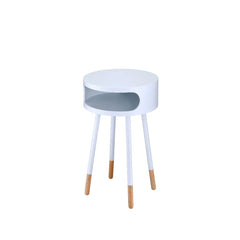 This Sonria round end table offers a contemporary take on a stylish retro design, ideal for your living room, family room, or bedroom! With its one shelf, you can conveniently store remote controls or other small items in the open compartment. The natural