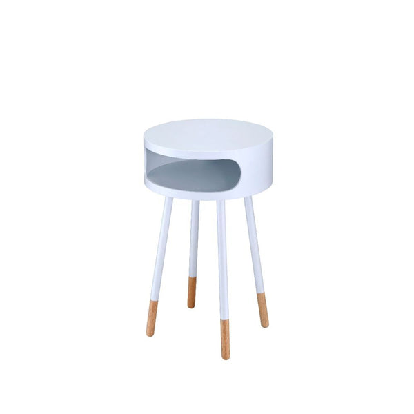 This Sonria round end table offers a contemporary take on a stylish retro design, ideal for your living room, family room, or bedroom! With its one shelf, you can conveniently store remote controls or other small items in the open compartment. The natural