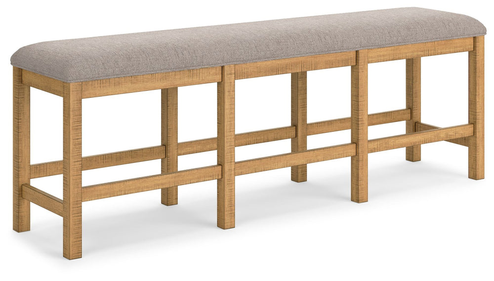 This counter height dining bench is a favorite choice for casual rustic interiors. Offering a great seating alternative, it-'s your answer for impromptu guests. And the textured upholstered seating? Deliciously versatile and comfortable.<br/><br/><b>Produ