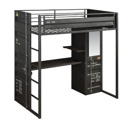 This Cargo storage loft bed will stand the test of time with its metal framework and unique shipping container design. The built-in wardrobe, desk, and shelf are conveniently designed to save space and maximize the use of smaller bedrooms. The gunmetal fi