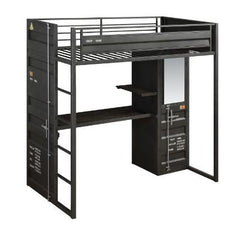 This Cargo storage loft bed will stand the test of time with its metal framework and unique shipping container design. The built-in wardrobe, desk, and shelf are conveniently designed to save space and maximize the use of smaller bedrooms. The gunmetal fi
