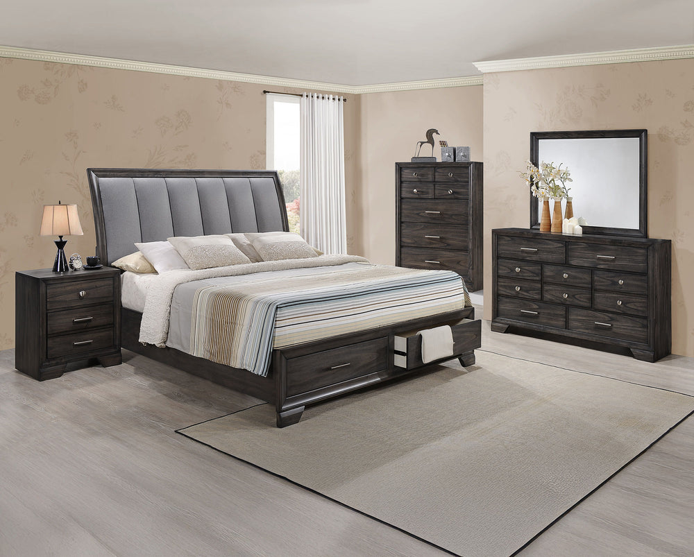 This bedroom set offers a sleek and stylish update to any space, featuring a rich, dark finish that commands attention while maintaining a sense of warmth and coziness. The bed stands as the stunning centerpiece, with its high, padded headboard upholstere