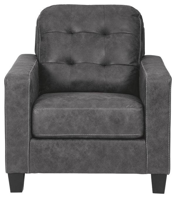  while tufted box cushions are a nod to mid-century design. Gunmetal gray faux leather offers the cool
