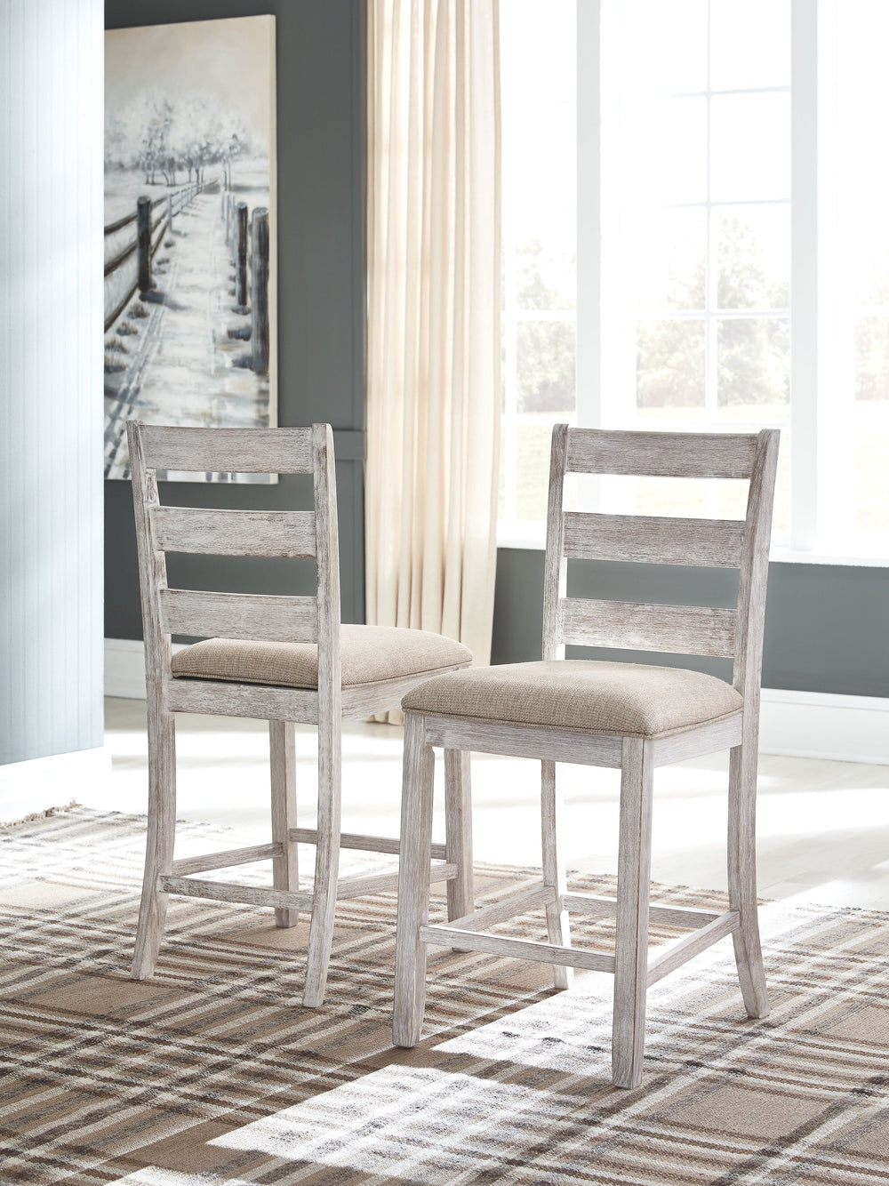 Skempton - 3 Pc. - Counter Table, 2 Upholstered Barstools - White