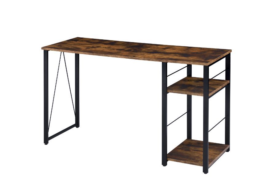 Personfiy your workpalce with some bold,clear and strong accessories. The distressed wood furniture piece pairs with black metal framing for aesthetic balance and gives a rustic industrial look. It includes two open shelves for additional storage space an
