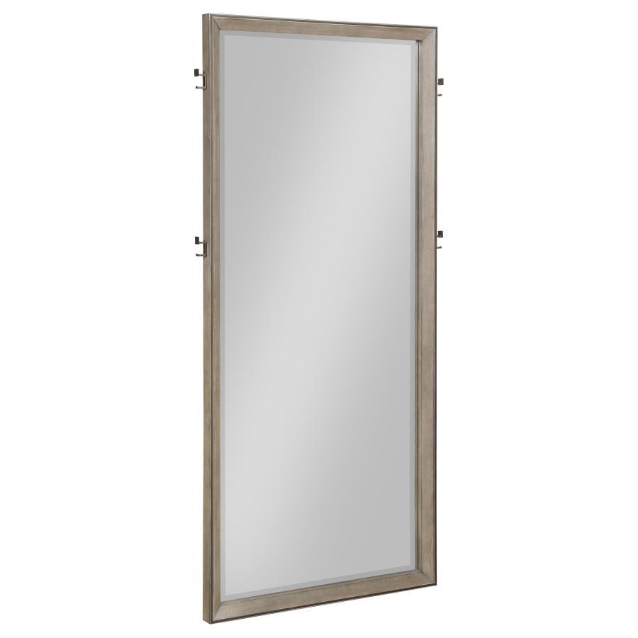 This full-length floor mirror combines functionality with stylish design, making it an essential piece for any modern bedroom. The sleek, washed oak frame provides a neutral and versatile accent that complements various decor styles. Four integrated cloth