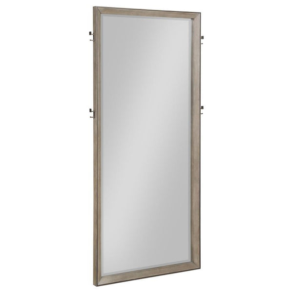 This full-length floor mirror combines functionality with stylish design, making it an essential piece for any modern bedroom. The sleek, washed oak frame provides a neutral and versatile accent that complements various decor styles. Four integrated cloth