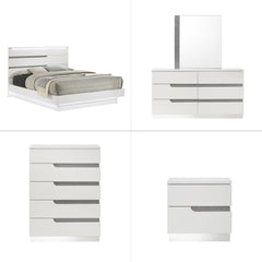 The Paradox 5 Piece Platform Bedroom Set is a marvel of contemporary design and elegance. With its gleaming white gloss laminate finish, this set not only boasts a sleek and modern look but also provides unparalleled scratch and water resistance. Expertly