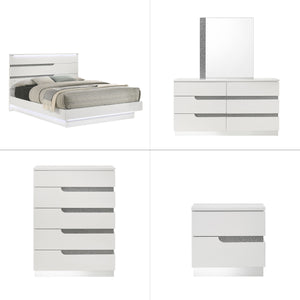 The Paradox 5 Piece Platform Bedroom Set is a marvel of contemporary design and elegance. With its gleaming white gloss laminate finish, this set not only boasts a sleek and modern look but also provides unparalleled scratch and water resistance. Expertly
