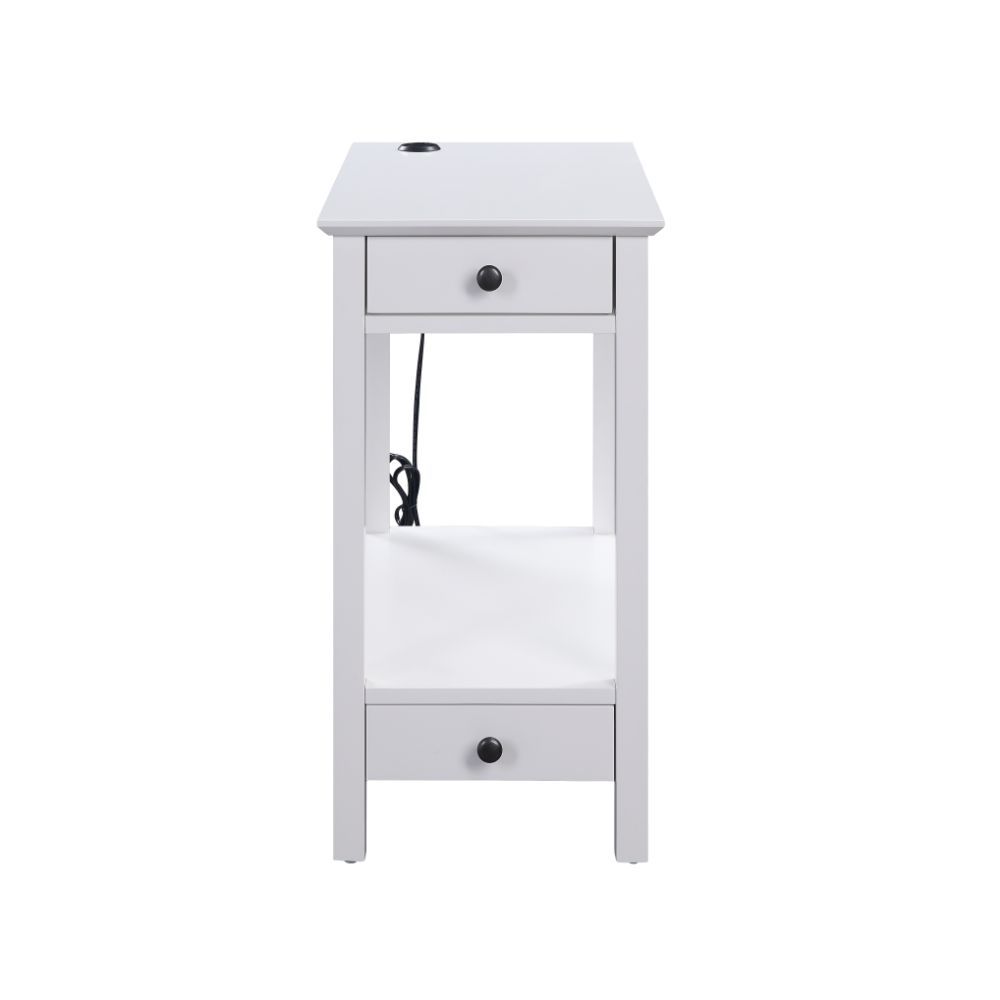 Acting as a perch for lamps, books, and other decorative accents, this Slayer side table is an asset in any living room. The rectangular table top includes a USB power dock so you can always stay connected. Featuring a drawer and two shelves, it becomes t