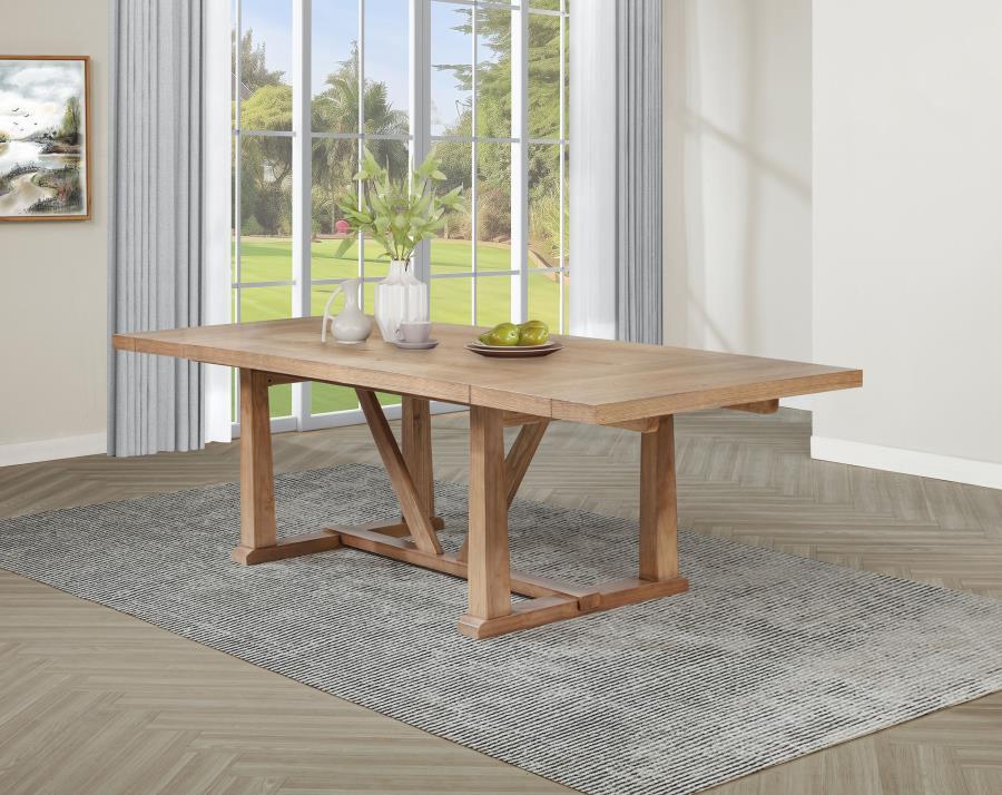 This extension dining table offers exceptional versatility for hosting gatherings both large and small. With two removable 15-inch leaves, it effortlessly adapts from an intimate setting to a generous 106-inch expanse. Crafted from solid mahogany, enginee