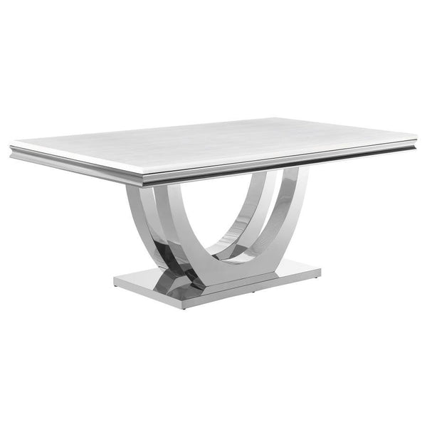 Host family and friends around this sleek, modern glam dining table for an elevated dining experience. Designed with an open demilune pedestal base in a lustrous polished chrome finish, this magnificent, rectangular dining table lends a luxurious look and