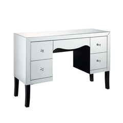 Assambled, Rectangular Vanity Desk Beveled Mirrored Finish (Back Unfinished) Orientation: Free Standing Storage: 5 Drawers (Open Base) CONSTRUCTION Mirrored Case-Frame & Drw: Mirror, MDF (Fixed Top) Wood Tapered Leg: Black Finish, MDF, Leg Size: 10 Inches