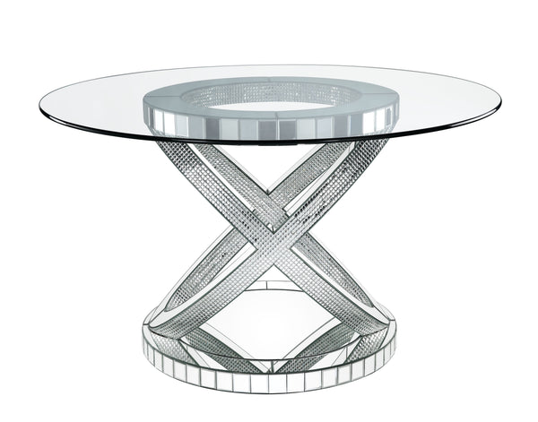 Bevelved Glass<br/><br/><b>Product Features</b><ul><li>12mm Clear Tempered Glass Top</li><li>Criss Cross Ring Pedestal</li><li>Mirrored Pedestal</li><li>Faux Dimanonds Inlay</li><li>Case: 1Set/2Ctn</li><li>Finish: Clear Glass, Mirrored & Faux Diamonds</li