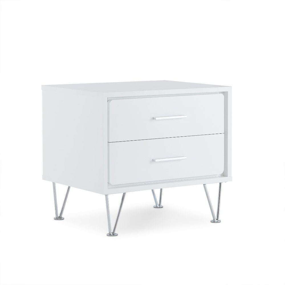 Featuring a unique leg design the Deoss night stand is functional as an end table too. The mixture of white and chrome hardware and leg, adds a lot of modern style to this 2 drawer night stand. It will be the great additional to your bedroom.<br/><br/><b>