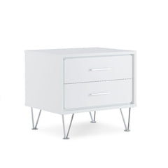 Featuring a unique leg design the Deoss night stand is functional as an end table too. The mixture of white and chrome hardware and leg, adds a lot of modern style to this 2 drawer night stand. It will be the great additional to your bedroom.<br/><br/><b>