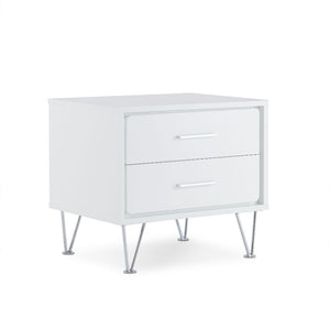 Featuring a unique leg design the Deoss night stand is functional as an end table too. The mixture of white and chrome hardware and leg, adds a lot of modern style to this 2 drawer night stand. It will be the great additional to your bedroom.<br/><br/><b>