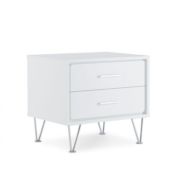 Featuring a unique leg design the Deoss night stand is functional as an end table too. The mixture of white and chrome hardware and leg, adds a lot of modern style to this 2 drawer night stand. It will be the great additional to your bedroom.<br/><br/><b>